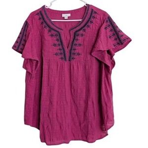 J Jill Womens 2X Pink Textured Flutter Sleeve Top Embroidered Boho 100% Cotton